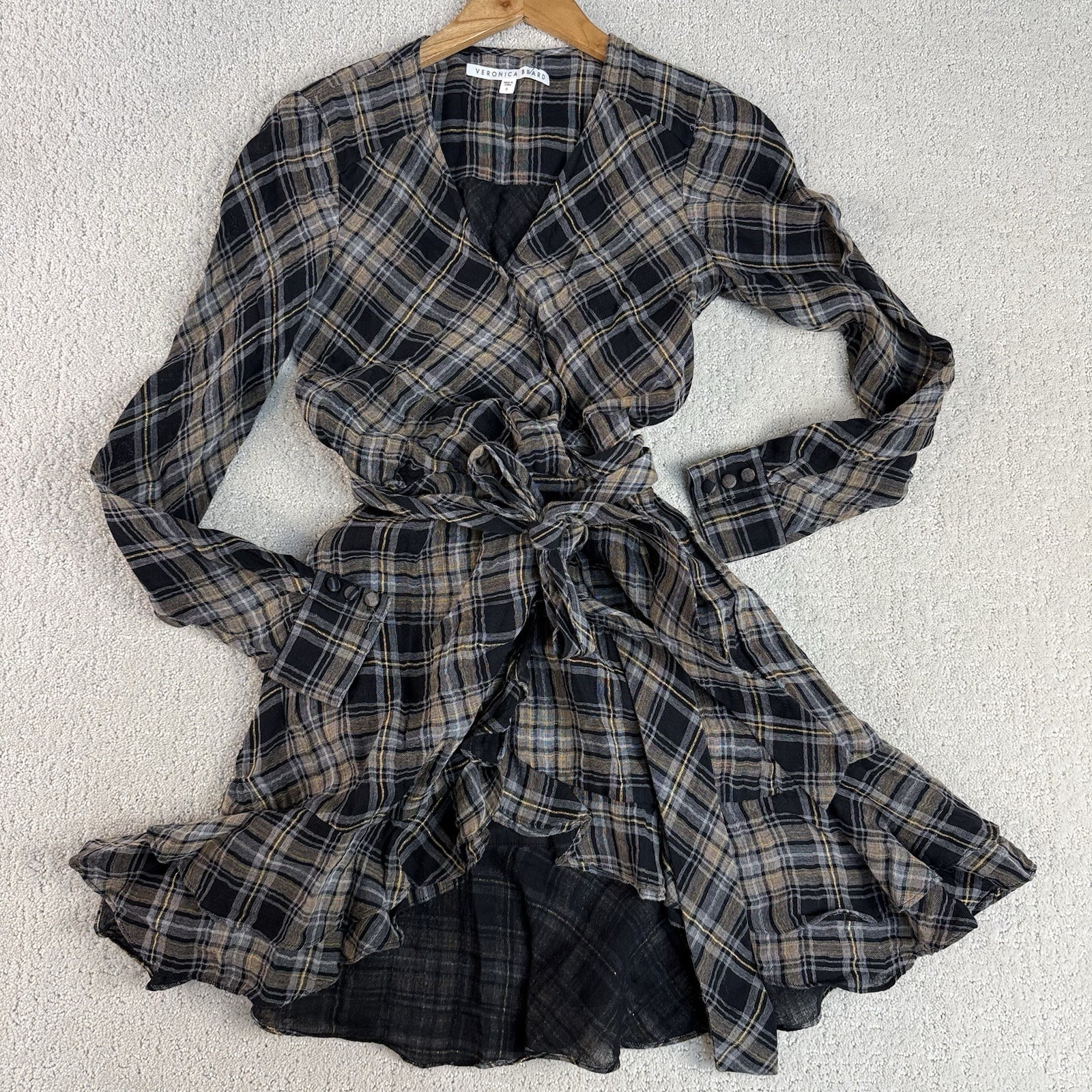 Veronica Beard Farlow Womens Size 0 Metallic Plaid Wrap Dress Black Gold $498